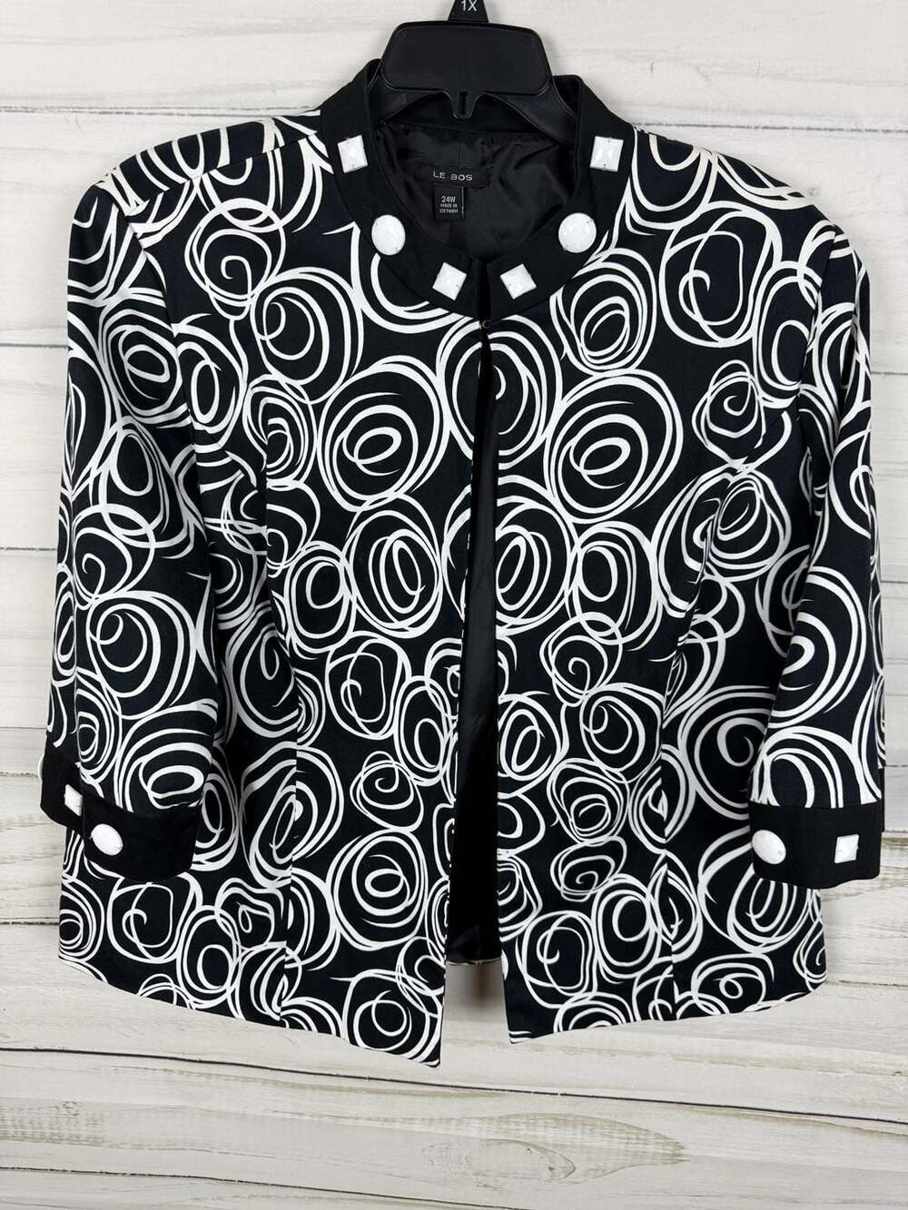 Le Bos Black & White Swirl Print Embellished Collar Jacket Size 24W
